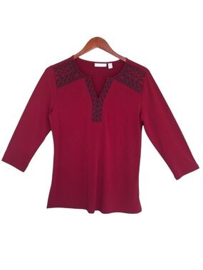 Susan Graver Red Embroidered V-Neck 3/4 Sleeve Stretch Top